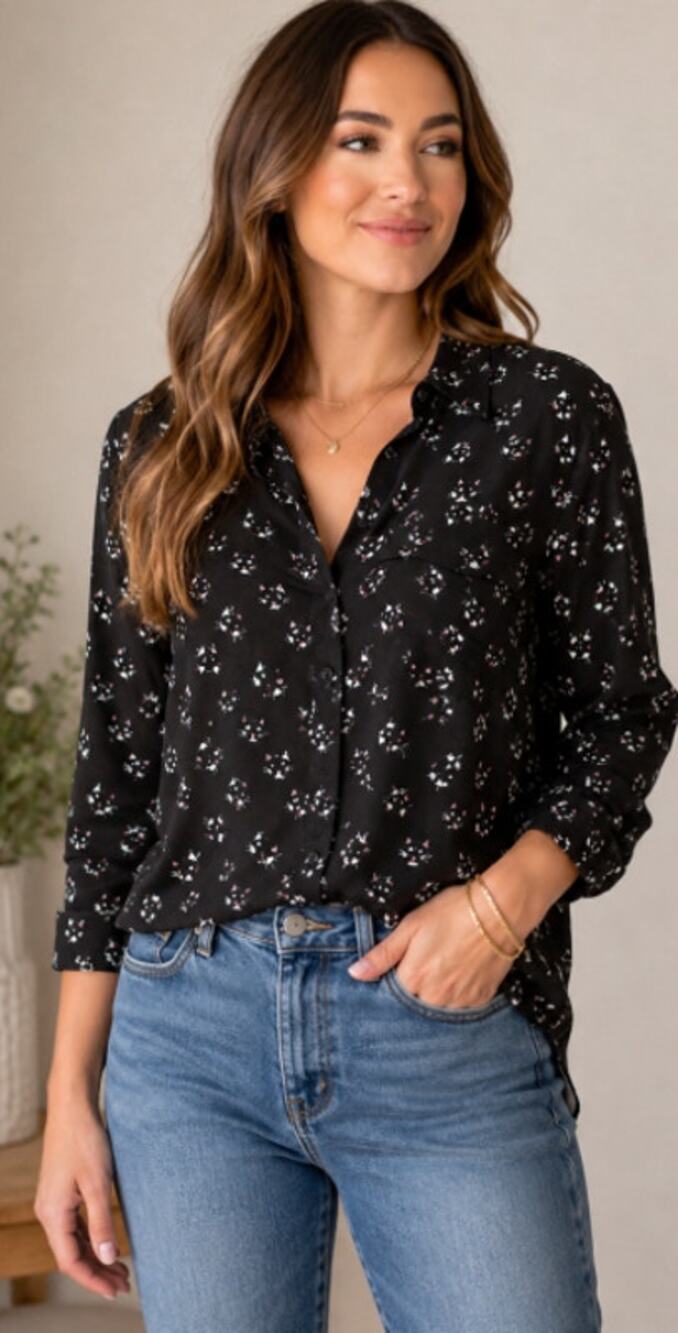 Anthropologie Maeve Clever Cat Print Rayon Button Down Shirt Black Size 4